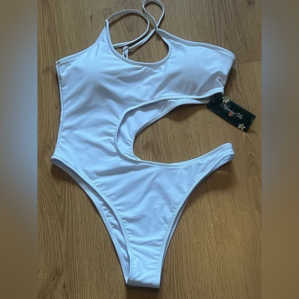 White One Piece Swimsuit with Asymmetrical Cutout and Adjustable Strap